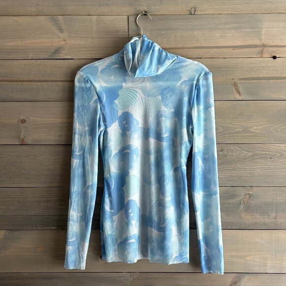 GANNI | Blue Watercolor Printed Mesh Long Sleeve Turtleneck Top Size US6, DK36 - Picture 1 of 6